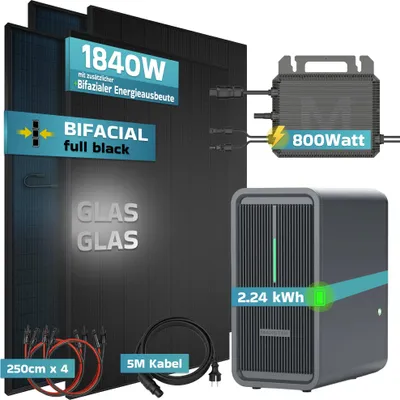 Produktbild von SUNNIVA® 1840W Balkonkraftwerk mit 2,24 kWh Speicher Marstek B2500-D, 4x 460W BIFAZIAL FULLBLACK komplett Steckdose, PV Solaranlage + Solarspeicher