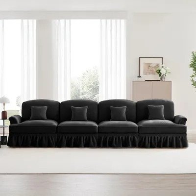 Produktbild von Sweiko Elegantes großes 4-Sitzer Sofa im Mid-Century-Stil aus Chenille mit Trichter-Armlehnen, abnehmbarer Rüschenschürze & spindelförmigen Beinen – Komfortables Wohnzimmer-Sofa,Schwarz