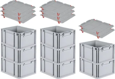 Produktbild von SuperSparSet 8x Eurobox NextGen Economy mit Auflagedeckel und 4x Schiebeschnappverschlüsse Rot | Griffe geschlossen | HxBxT 22x30x40cm | 20 Liter | Eurobehälter, Transportbox, Transportbehälter, Stapelbehälter