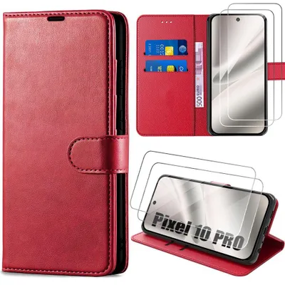 Image de Coque + 2 Verres Trempés pour Google Pixel 10 Pro, Coque Portefeuille Anti-Rayures Antichoc CuirPolyuréthaneRouge
