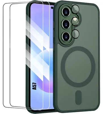 Image de Coque + 2 Verres Trempés pour Samsung Galaxy A57 5G, Protection avec Cercle Magnétique - Vert Nuit