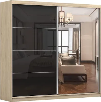 Produktbild von Kleiderschrank M31 mit Spiegel 233 cm, Schwebetürenschrank, Garderobeschrank Schlafzimmer; Wohnzimmerschrank; Korpus Schrank Farbe: Sonoma; Farbe der Schrankfront: Schwarz Hochglanz- 2 Schiebetüren