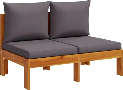 A two-seater outdoor sofa with gray cushions on a white background.