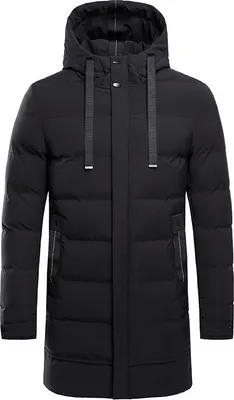 A studio shot of a black winter coat.