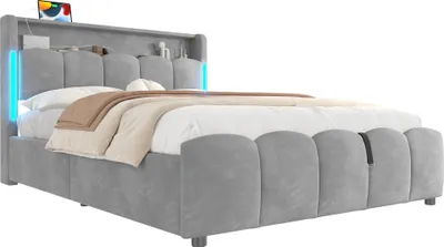 Produktbild von Polsterbett, 140 x 200, ohne Matratze, LED-Beleuchtung, Kopfteil mit Staufach, Hydraulisch Stauraumbett,Mit USB- und Typ-C-Anschlüssen, Samt, Grau