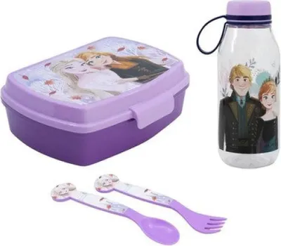 Produktbild von Disney Die Eiskönigin Elsa 4 tlg Kinder Set Brotdose Trinkflasche 460 ml Besteck