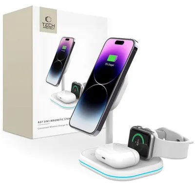 Zdjęcie produktu dla Tech-Protect Qi15W-A27 3In1 Magnetic Magsafe Wireless Charger White