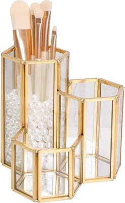 Produktbild von Make-up-Pinsel-Organizer Kosmetikpinsel Aufbewahrungsbox Kosmetik Organizer Pinselhalter Gold, Glas Makeup Organizer