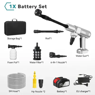 Image de Nettoyeur haute pression sans fil - Pistolet de lavage - Moteur 300W - 1 batterie 13000 mAh - Buse 6 en 1 - Débit de 4,1 L/min - Tuyau de 5 mètres - 2 vitesses - Argent