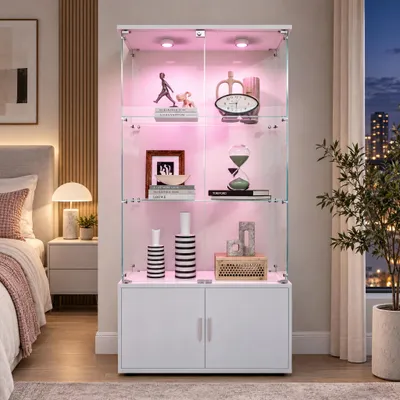Immagine prodotto di INONEFT, vetrina in vetro con illuminazione a LED, mobiletto espositivo a due ante con 4 ripiani e serratura, in vetro temperato, con spazio di stoccaggio nascosto, dimensioni 78x35x164 cm, colore bianco