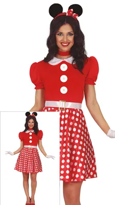 Productafbeelding van Muis kostuum, carnaval outfit, verkleedpak. Grappige oren, rode jurk, witte stippen. Schattige accessoires. Perfect voor een carnavalviering. Dierlijke charme, klassiek design. Origineel verkleedpak. Maat: 38 - 40 (M). Kleur: Rood