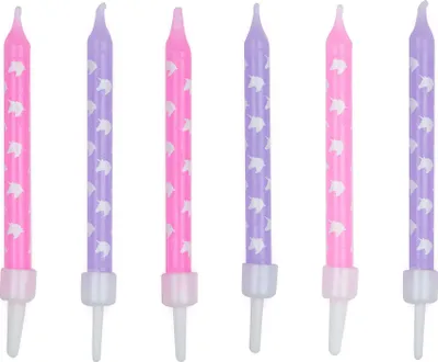 Produktbild von 12 Geburtstagskerzen Einhorn rosa und violett 7,5 cm - Einheitsgröße