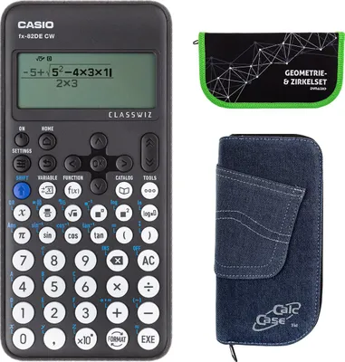 Produktbild von Casio FX-82 DE CW mit Jeans-Tasche dunkelblau, und Zirkelset grün