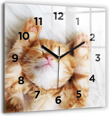 Produktbild von Wallfluent Große Wanduhr – Stilles Quarzuhrwerk - Uhr Dekoration Wohnzimmer Schlafzimmer Küche - Zifferblatt - schwarze Zeiger - 60 cm - Schlafende kleine Katze