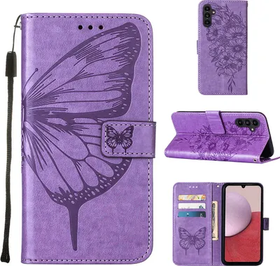 A collage of images showing a purple butterfly-embossed flip phone case for a Samsung Galaxy A25 5G.
