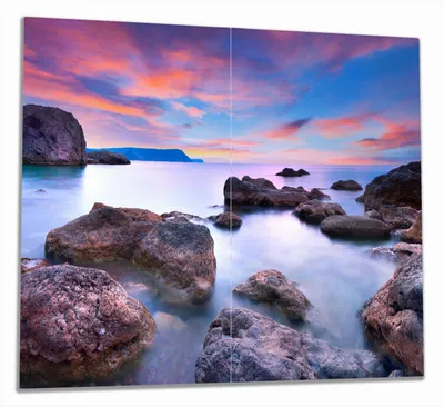 Produktbild von Wallario Herdabdeckplatte aus Glas, Größe 60 x 52 cm 2-teilig, Motiv Seelandschaft in blau und rot mit großen Felsen