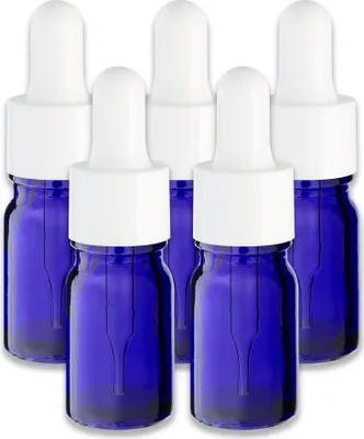 Produktbild von 5x Blaue Glasflasche 5 ml mit weißer Pipette Apothekerflasche Tropfen