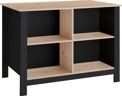 A product shot of a black and wood-grain shelving unit.