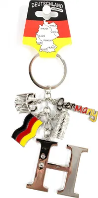 Produktbild von Schlüsselanhänger "H" H.: 11cm Buchstaben/Letter/Initalien/Alphabet/ABC mit Glitzersteinen & Charms Bierkrug/Adler/Deutschland-Fahne/Germany