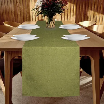 Productafbeelding van Tafelkleed - Waterafstotend, linnenlook - Geschikt voor eetkamers en decoratie - Groen, 40 x 140 cm