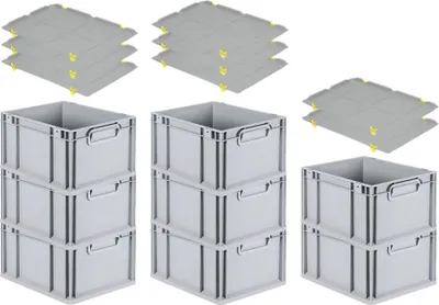 Produktbild von SuperSparSet 8x Eurobox NextGen Economy mit Auflagedeckel und 4x Schiebeschnappverschlüsse Gelb | Griffe geschlossen | HxBxT 22x30x40cm | 20 Liter | Eurobehälter, Transportbox, Transportbehälter, Stapelbehälter