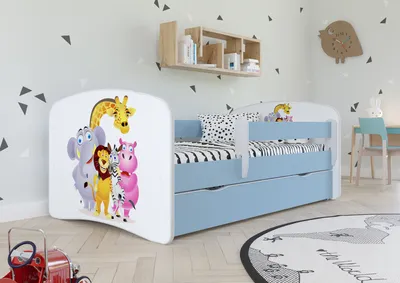 Produktbild von Kinderbett Jugendbett 70x140 cm Blau mit Matratze Rausfallschutz Schublade und Lattenrost Kinderbetten für Mädchen und Junge - Zoo