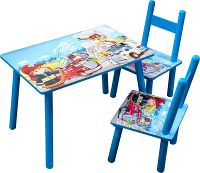 A blue children's table and two chairs with a fire-themed graphic.