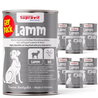 Zdjęcie produktu dla Supravit karma mokra dla psów z jagnięciną i ryżem 6 x 820 g puszki | karma mokra bez zbóż, lekkostrawna i dobrze przyswajalna