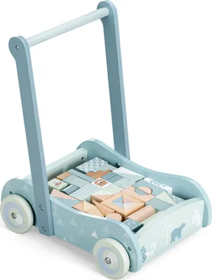 Produktbild von Navaris Lauflernwagen aus Holz mit 46 Bauklötzen - Lauflernhilfe für Babys - Laufwagen für Mädchen und Jungen - Baby Gehhilfe Lernlaufwagen - Blau