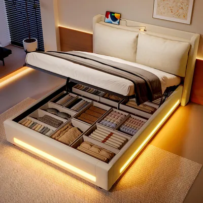 Produktbild von Moderne Samt-Himmelbett mit stylischem Kopfteil, praktischem Stauraum, USB-C-Anschlüssen, ambienter LED-Beleuchtung, abnehmbaren Kissen und integriertem Staubschutz. Elegant und funktional.140*200cm