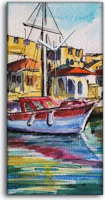 Produktbild von Küche Wohnzimmer Wand Leinwand Uhr 30x60 Bild Landschaft mit Boot im Hafen - weiße Hände