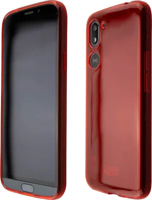 A red phone case is shown from two angles, one showing the inside and the other showing the back with the camera lenses.