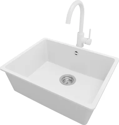 Produktbild von PRIMAGRAN Unterbauspüle Granit Weiß 56x44cm, Spülbecken 1 Becken + Küchenarmatur 32x20cm + Ablauf-Set, Granitspüle ab 60er Unterschrank - Venedig Easy