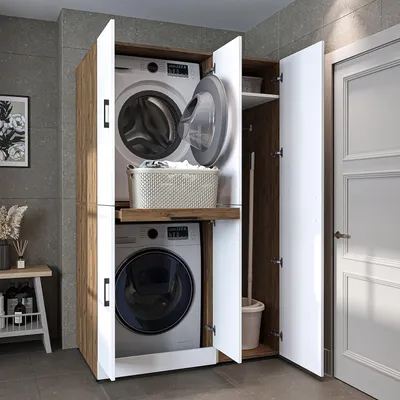 Image de Armoire de rangement pour lave-linge Roomart DORA-I, 115 cm de large, chêne blanc
