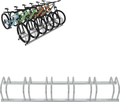 Obrázok produktu pre LZQ Stojan na bicykle Podlahový stojan na bicykle pre 6 bicyklov so šírkou pneumatík do 65 mm Železný stojan na bicykle Stojan na bicykle, strieborný