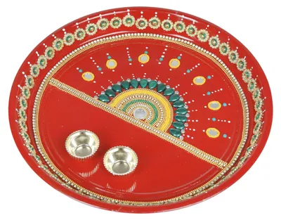 Pooja Thali, Edelstahl, rot, 25,4 cm, handgefertigt mit Steinbesatz