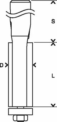 A diagram of a Bosch router bit with dimensions indicated by letters and arrows.
