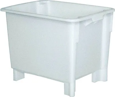 A white plastic storage bin with four legs is shown against a white background.