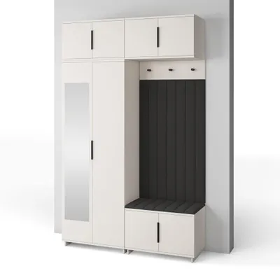 Produktbild von Garderoben-Set Napoli Version 11: Kleiderschrank mit Polsterpaneelen, Schuhschrank und Schrankaufsatz Flur und Eingangsbereich (Cashmere/Trinity 16)