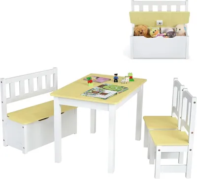 Immagine prodotto di Set da pranzo per bambini composto da quattro elementi, con spazio contenitivo, tavolo in legno di pino con 2 sedie e una panca, colore naturale