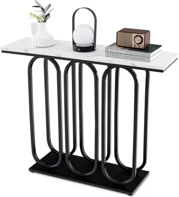 Image de Console - Table d'entrée étroite - Aspect marbre - Bois - Montage requis - Pour salon, entrée, chambre à coucher - Noir