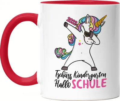 Produktbild von Tschüss Kindergarten Hallo Schule 2023 Tasse Rot Einschulungsgeschenk Einhorn Unicorn Fans