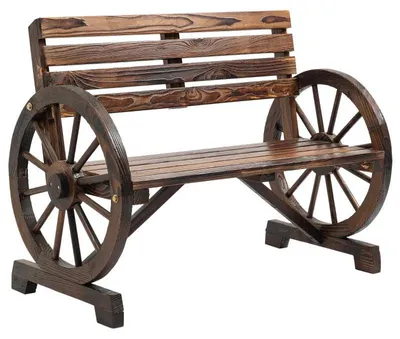 Image de Banc de jardin en bois avec accoudoirs en forme de roue de chariot | Couleur : Noir brûlé | Dimensions : 56 x 105,5 x 79 cm