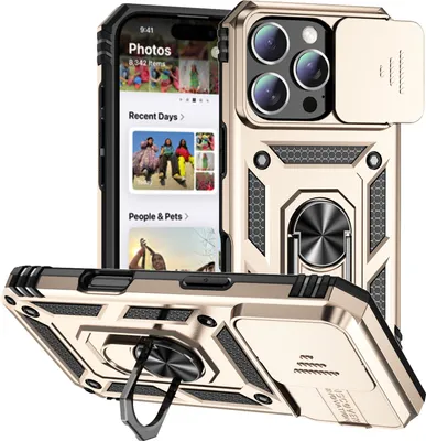 Immagine prodotto di Custodia per iPhone 16 Pro a doppio strato con copertura scorrevole della fotocamera e supporto ad anello Oro