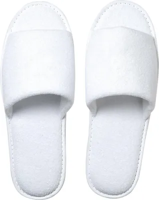 A pair of white slippers shown from a top-down perspective against a white background.