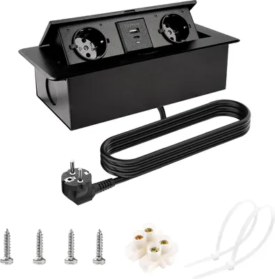 Produktbild von Versenkbare Einbausteckdose mit 2 Fächern, USB- & Typ-C-Ladeanschluss, 1,8 m Kabel, EU-Stecker – Schnelles 18W Laden für Büro und Zuhause