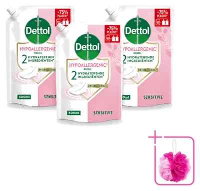 Image de 3 flacons recharge de savon pour les mains Dettol, hypoallergénique, pour peaux sensibles - 500 ml - Pack économique - 3 pièces