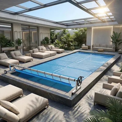 Produktbild von Aufrollsystem für Poolabdeckungen, Verstellbar von 3 bis 5,7 m, Geeignet für Poolrohre mit 7,6/8,1 cm, Aluminium mit Handkurbel und Rädern, Stabil