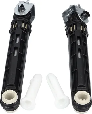 Two washing machine shock absorbers and two white plastic dowels are shown against a white background.