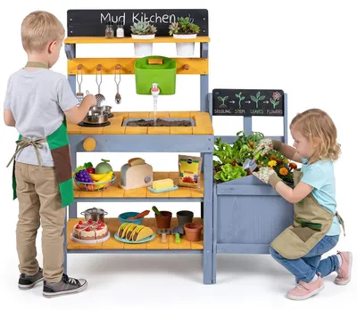 Immagine prodotto di COSTWAY, cucina da gioco per bambini, da esterno, per il giardino, con serbatoio dell'acqua, rubinetto, fioriera, lavello, vasi, fornello e accessori da cucina, cucina per bambini dai 3 anni in su